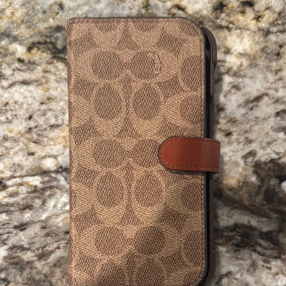 Coach Brown Leather Phone Case with Signature Pattern